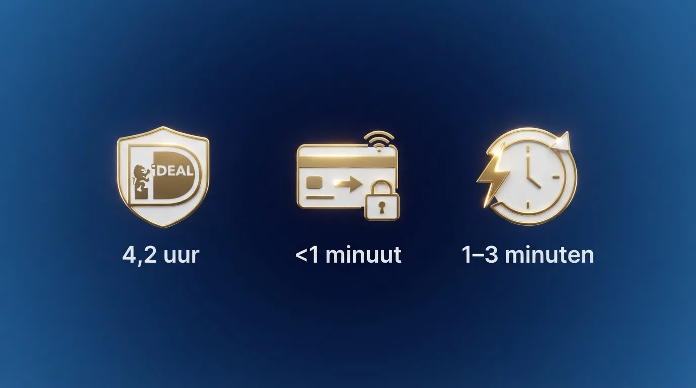 Drie betaalmethode-iconen (iDEAL, Trustly, Instant Payments) naast elkaar met hun gemiddelde uitbetalingstijd eronder: 4,2 uur, <1 minuut, 1–3 minuten
