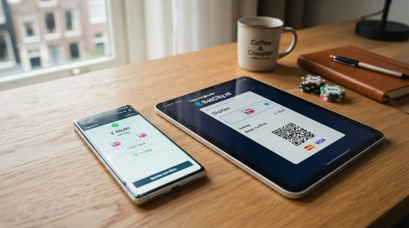 Een smartphone met het iDEAL-betaalscherm naast het gloednieuwe Wero-logo op een Nederlandse bankpagina
