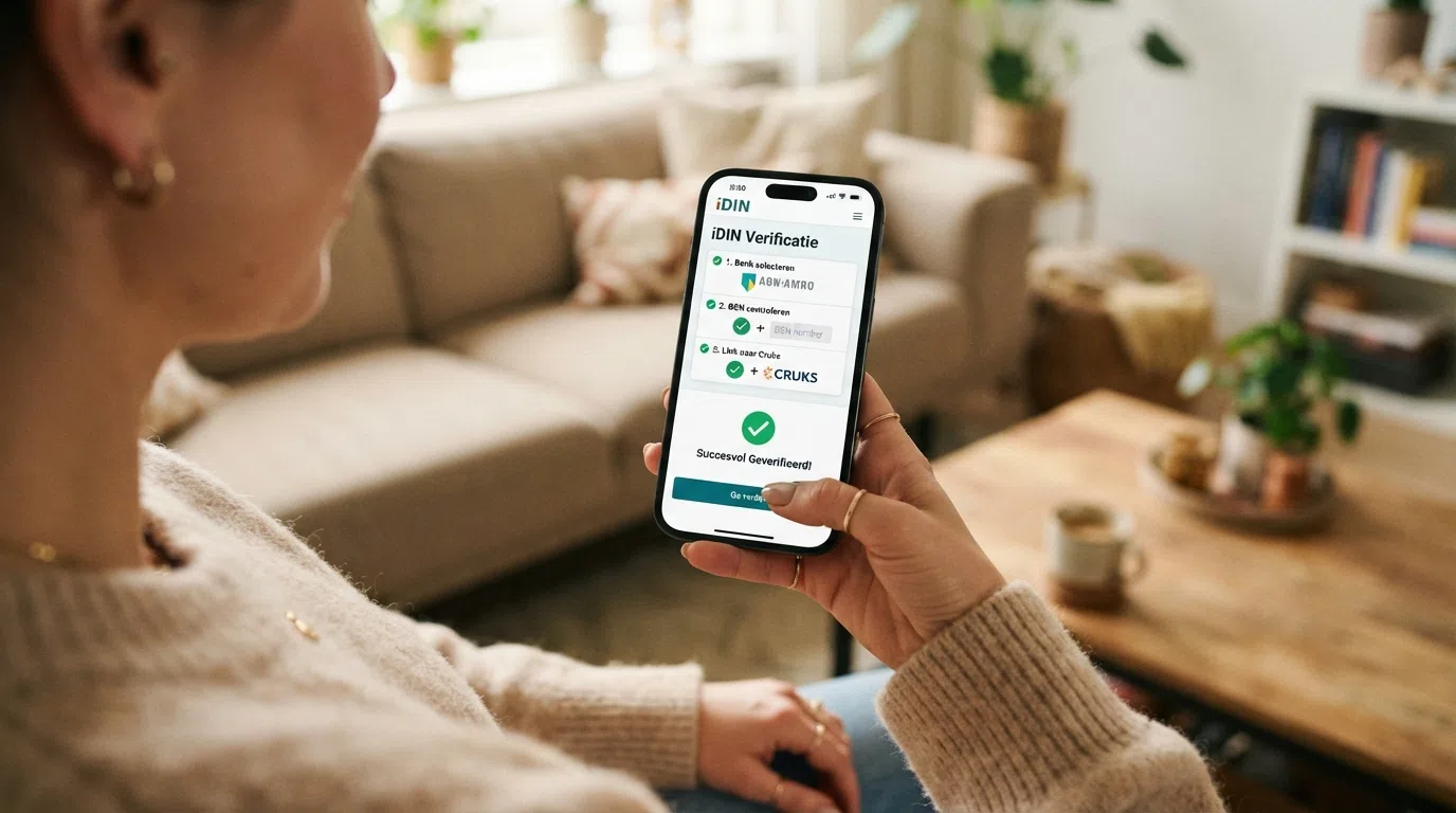 Een schematische weergave van het iDIN-proces: banklogo, BSN-check, koppeling met Cruks, en een groen vinkje — drie stappen in één scherm