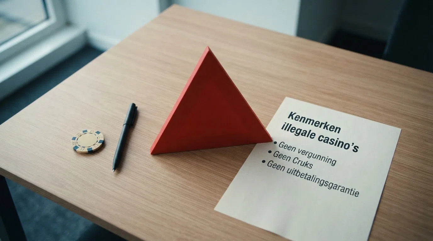 Een rood waarschuwingssymbool naast een lijst met kenmerken van illegale casino's: geen vergunning, geen Cruks, geen uitbetalingsgarantie.