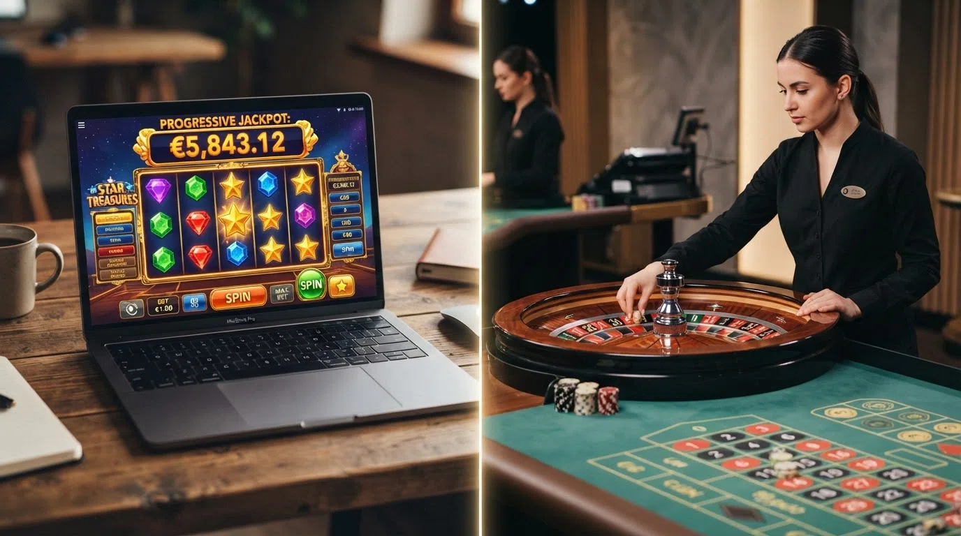 Een schermopbouw met links een progressieve gokkast (Mega Moolah-achtige interface) en rechts een live roulette-tafel met jackpot-indicator