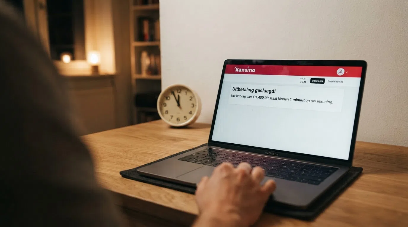 De Kansino-uitbetalingsinterface met de bevestiging 'binnen 1 minuut uitbetaald', een klok op de achtergrond die van 23:58 naar 23:59 springt