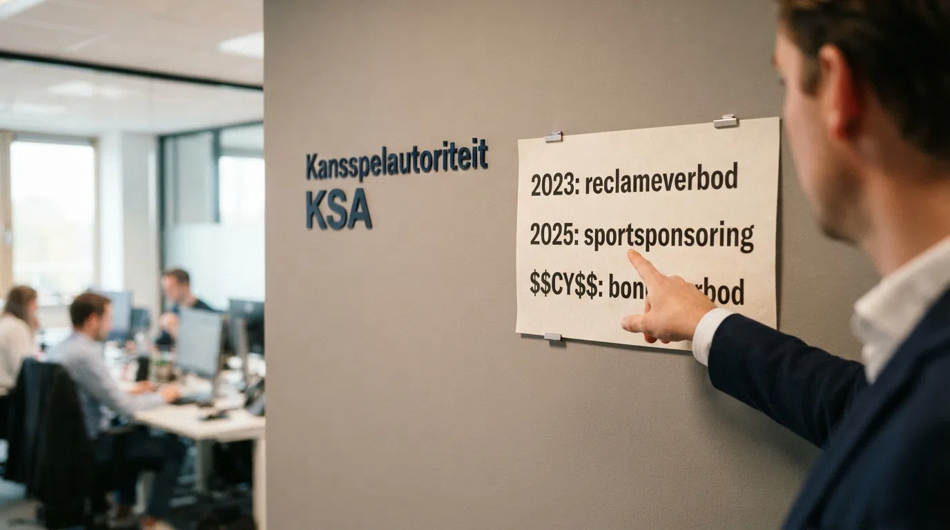 Het Kansspelautoriteit-gebouw of -logo naast een tijdlijn van de reclameregels 2023–2026