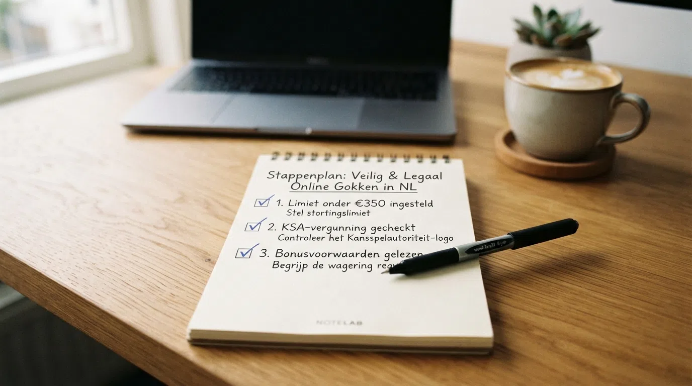 Een notitieblok met drie afvinkvakjes: '1. Limiet onder €350 ingesteld', '2. KSA-vergunning gecheckt', '3. Bonusvoorwaarden gelezen' — met een pen die bij het derde vakje ligt