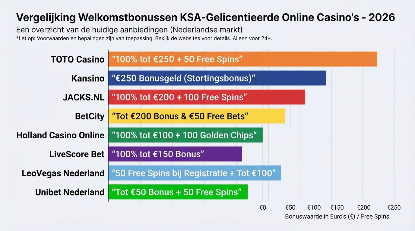 Een vergelijkingstabel met welkomstbonussen bij de tien beoordeelde KSA-vergunde online casino's