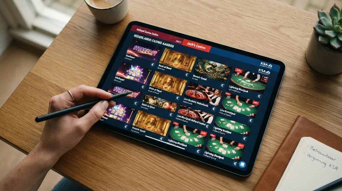 een rasterweergave van Nederlandse casino-logo's met een KSA-keurmerk prominent in beeld