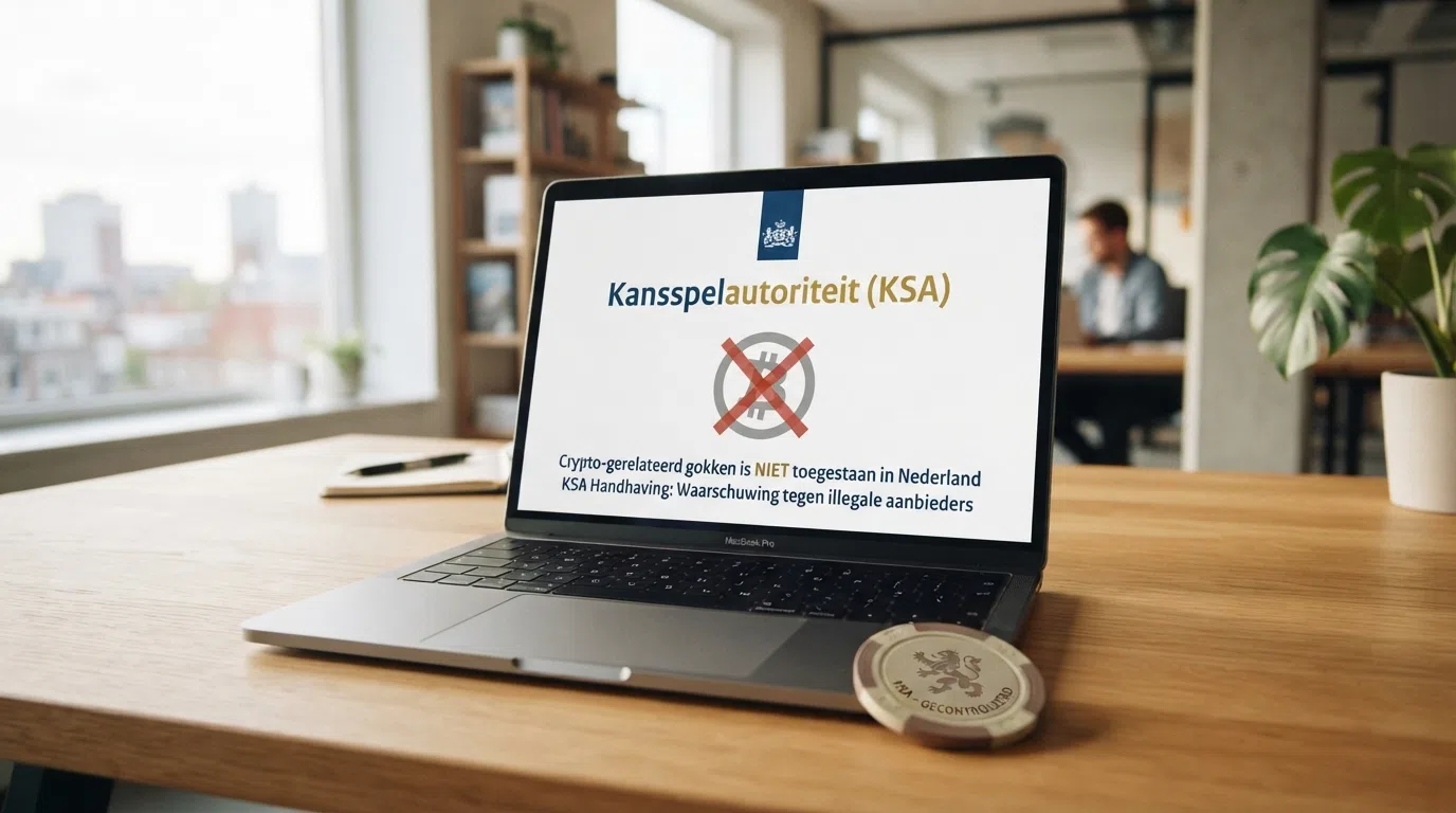 Het logo van de Kansspelautoriteit naast een doorgestreept Bitcoin Cash-symbool