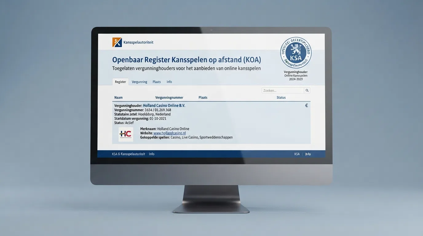 Een close-up van het KSA-keurmerk op een casinosite naast een fragment uit het openbare vergunningenregister op kansspelautoriteit.nl