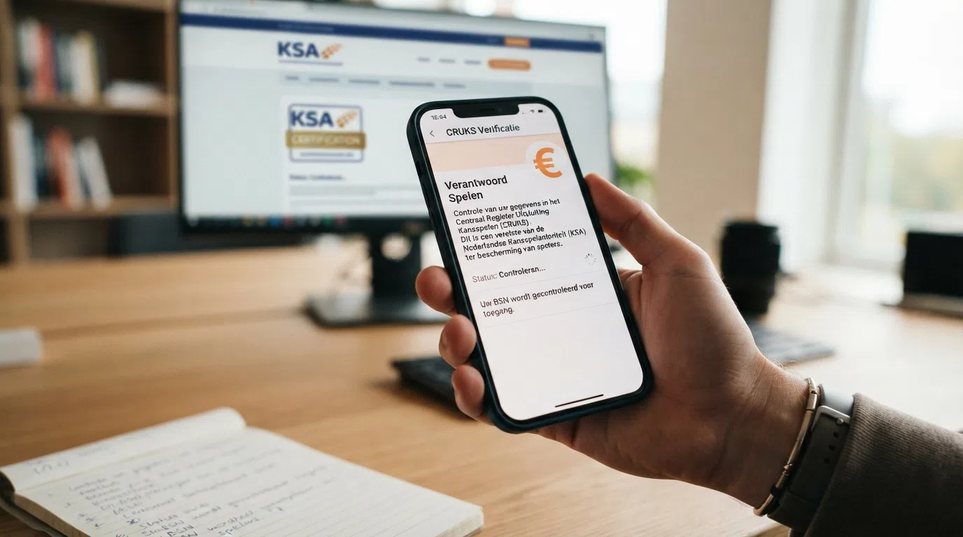 Een smartphone die een casino app toont met het CRUKS-verificatievenster in beeld en het KSA-logo zichtbaar op de achtergrond