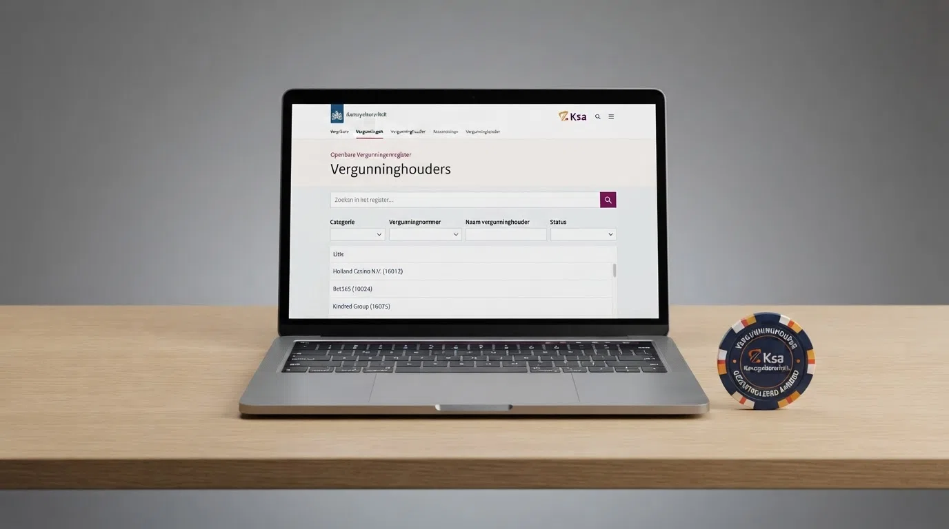 Een screenshot van de Kansspelautoriteit-website met het Ksa-logo en een fragment van het openbare vergunningenregister