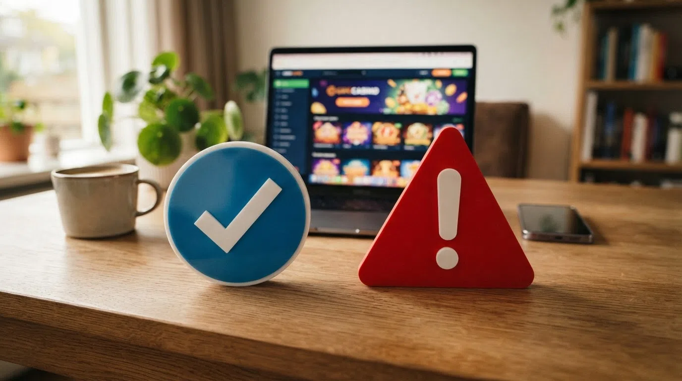 Een KSA-keurmerk naast een waarschuwingssymbool — het contrast tussen het Nederlandse vergunningenstelsel en een niet-gereguleerde buitenlandse goksite