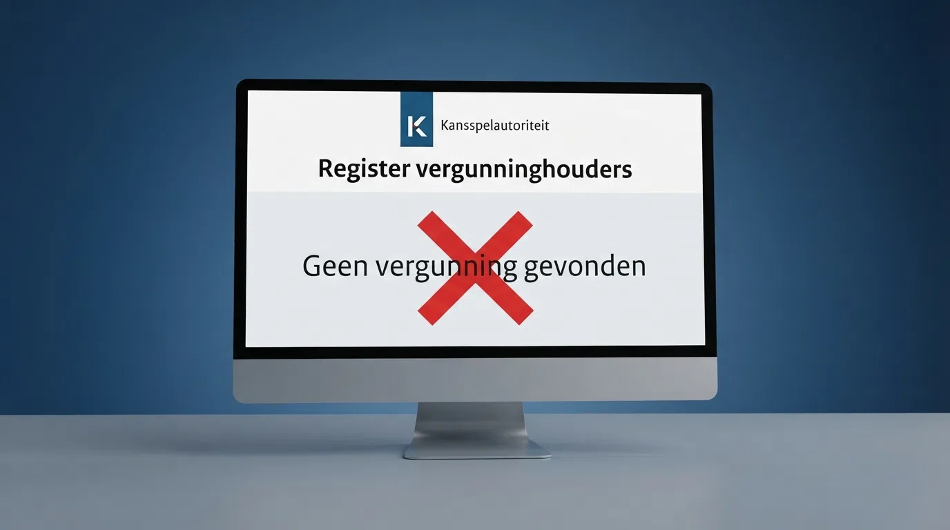 Het logo van de Kansspelautoriteit (KSA) met de tekst “Register vergunninghouders” op een scherm, ernaast een rood kruis bij “Geen vergunning gevonden”