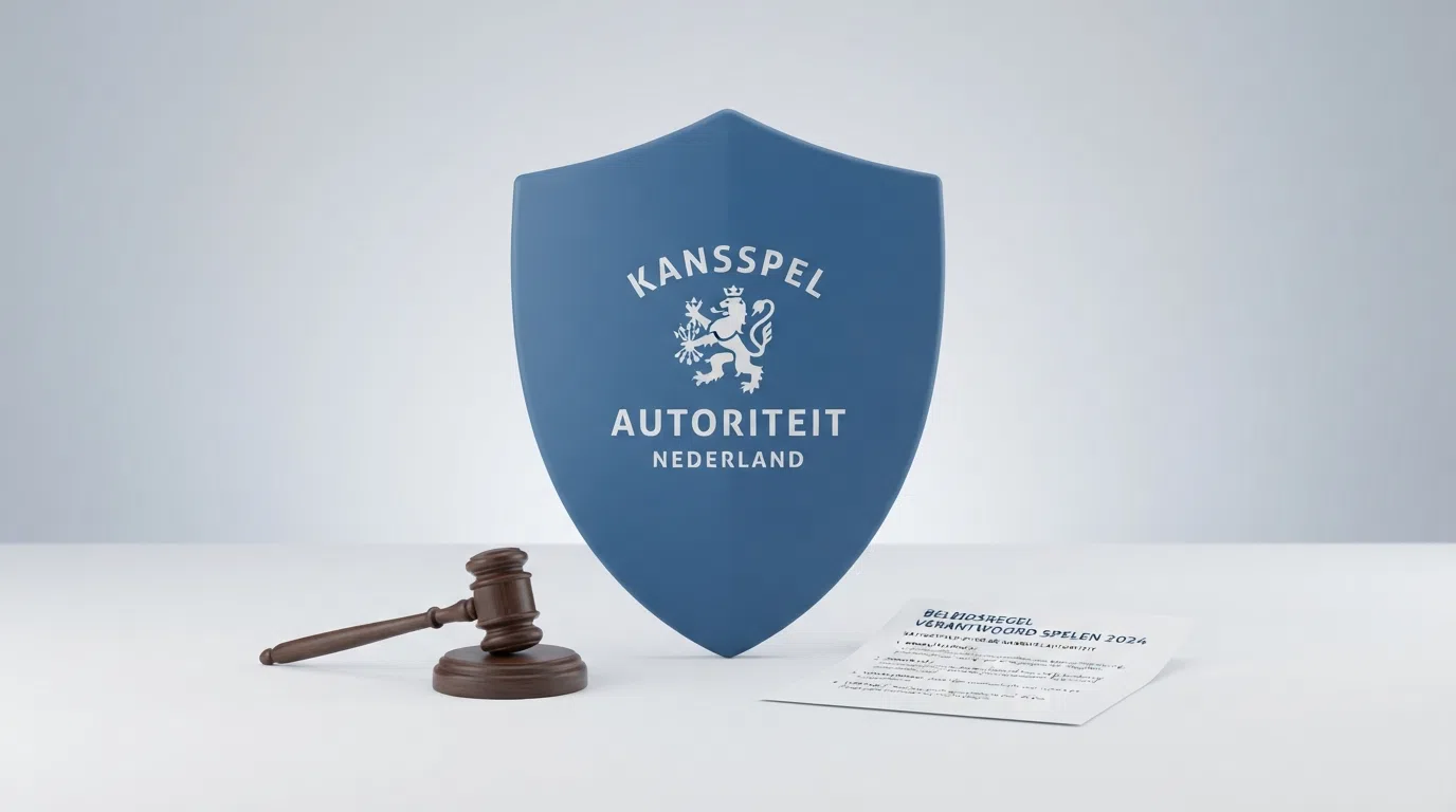 Het logo van de Kansspelautoriteit naast een document met de titel Beleidsregel verantwoord spelen 2024 en een sanctiebesluit