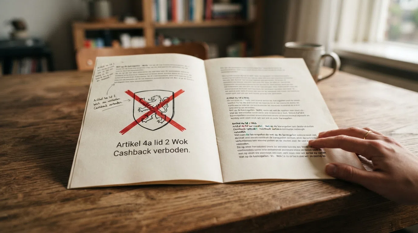 Screenshot van het KSA-logo naast een rood kruis door het woord cashback, tegen een achtergrond van een Nederlands wetsartikel