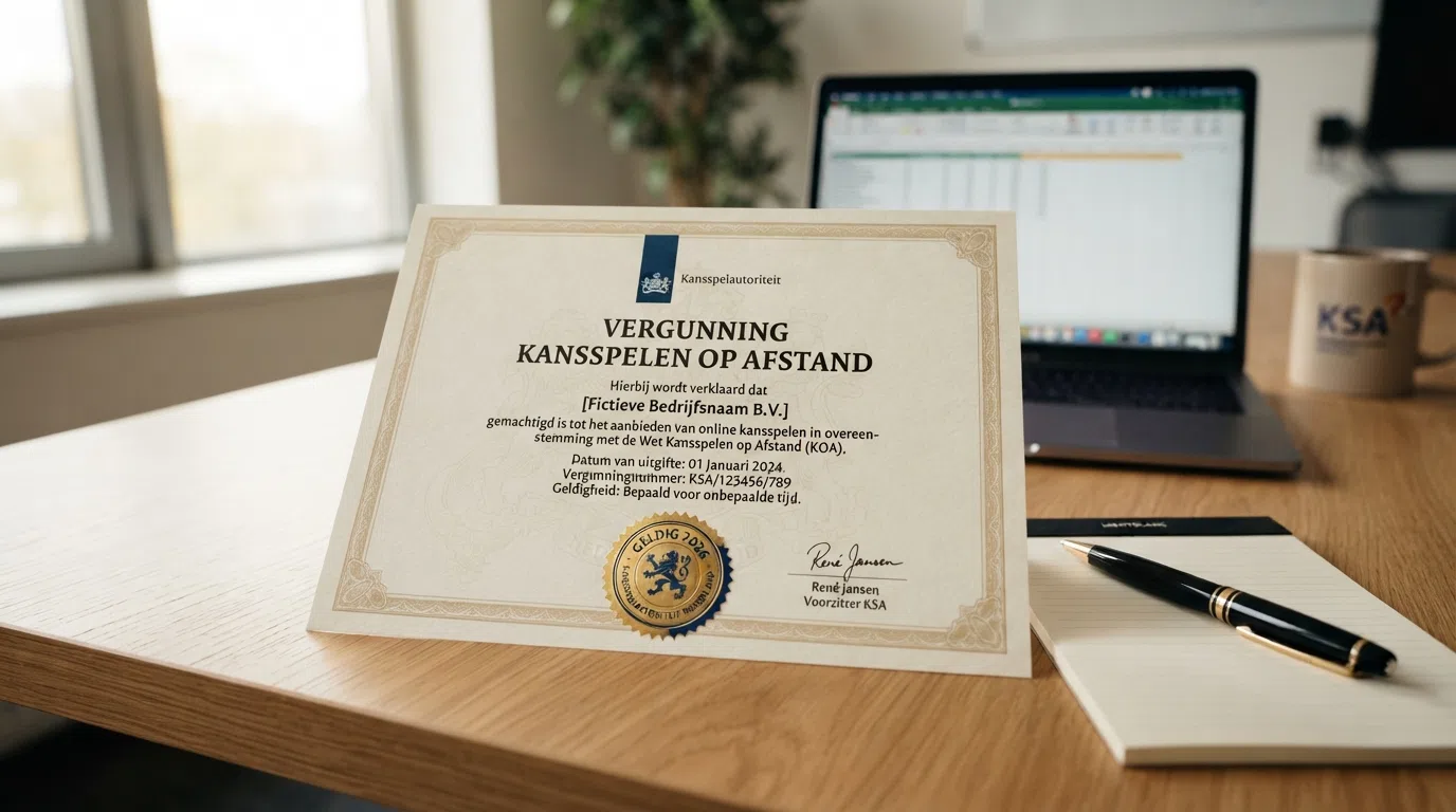 Een gestileerd document met het KSA-logo, de tekst 'Vergunning Kansspelen op Afstand' en een stempel 'Geldig 2026' — op een bureau met een laptop op de achtergrond