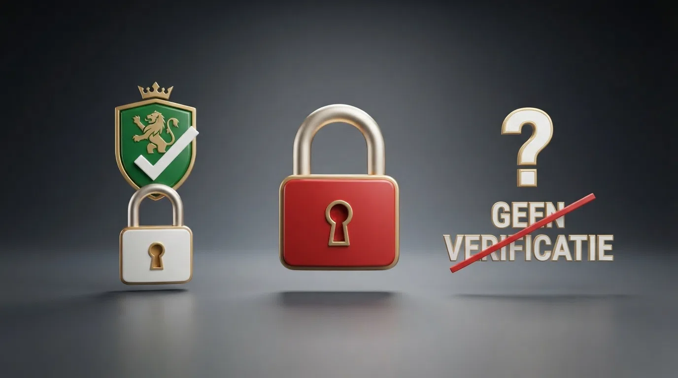 Een driesplitsing: links een groen KSA-logo met vinkje, midden een rood slot zonder logo, rechts een vraagteken met het woord 'geen verificatie' doorgestreept