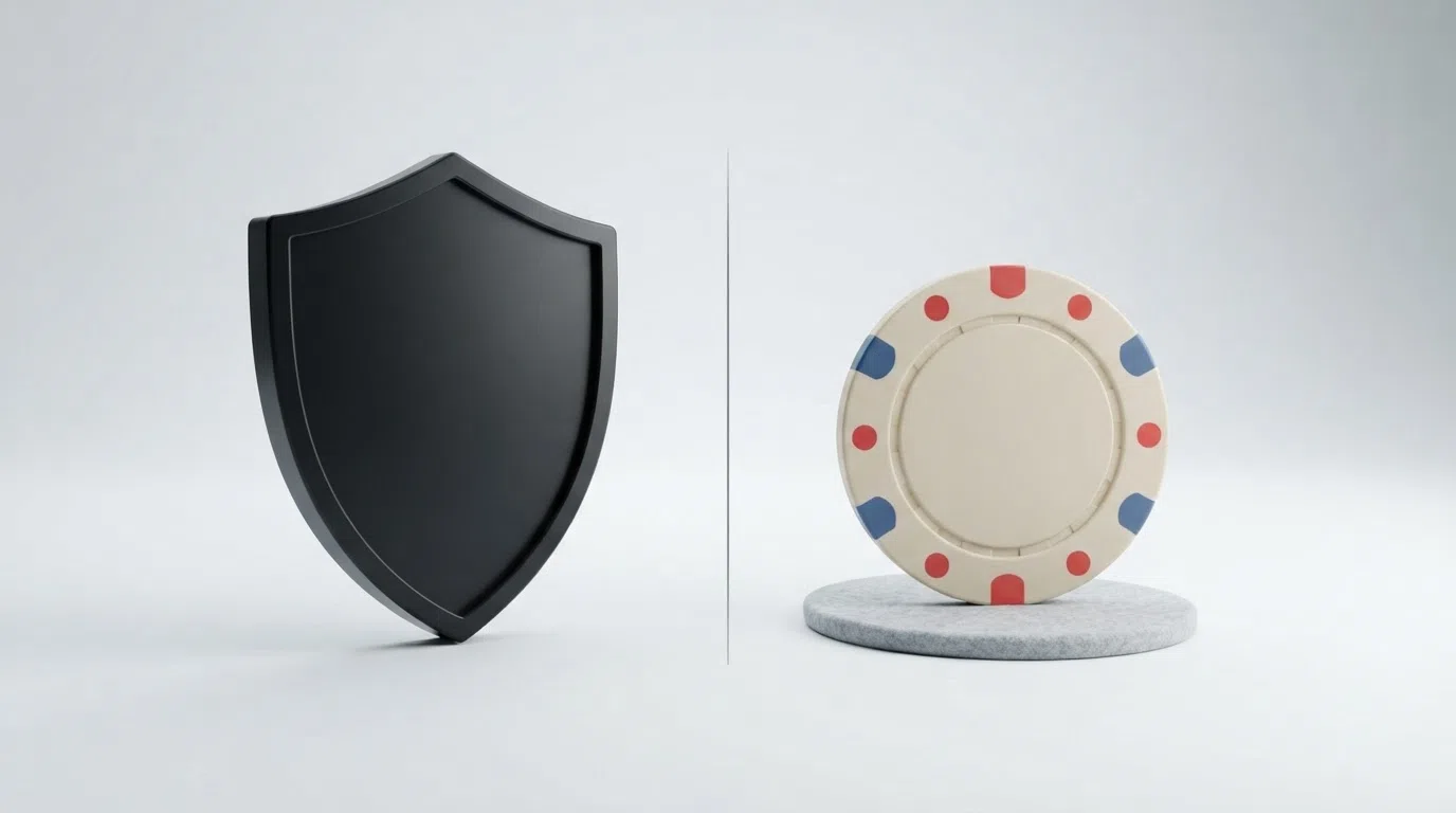 Het logo van de Kansspelautoriteit naast een bitcoin-symbool met een scheidingslijn ertussen