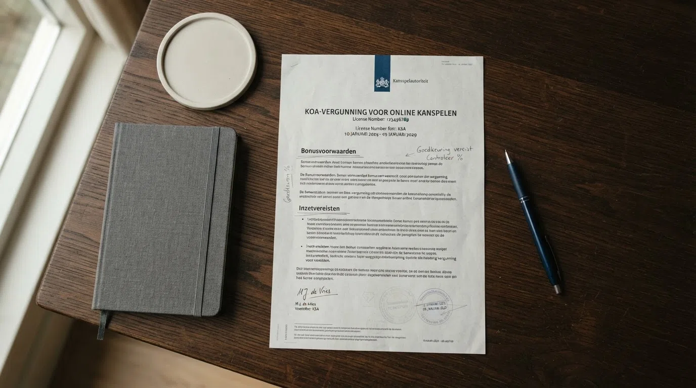 Het logo van de Kansspelautoriteit naast een Koa-vergunningdocument met de woorden “Bonusvoorwaarden” en “Inzetvereisten” gemarkeerd