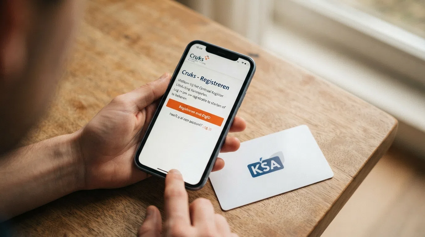 Het logo van de Kansspelautoriteit naast een smartphone met het Cruks-registratiescherm