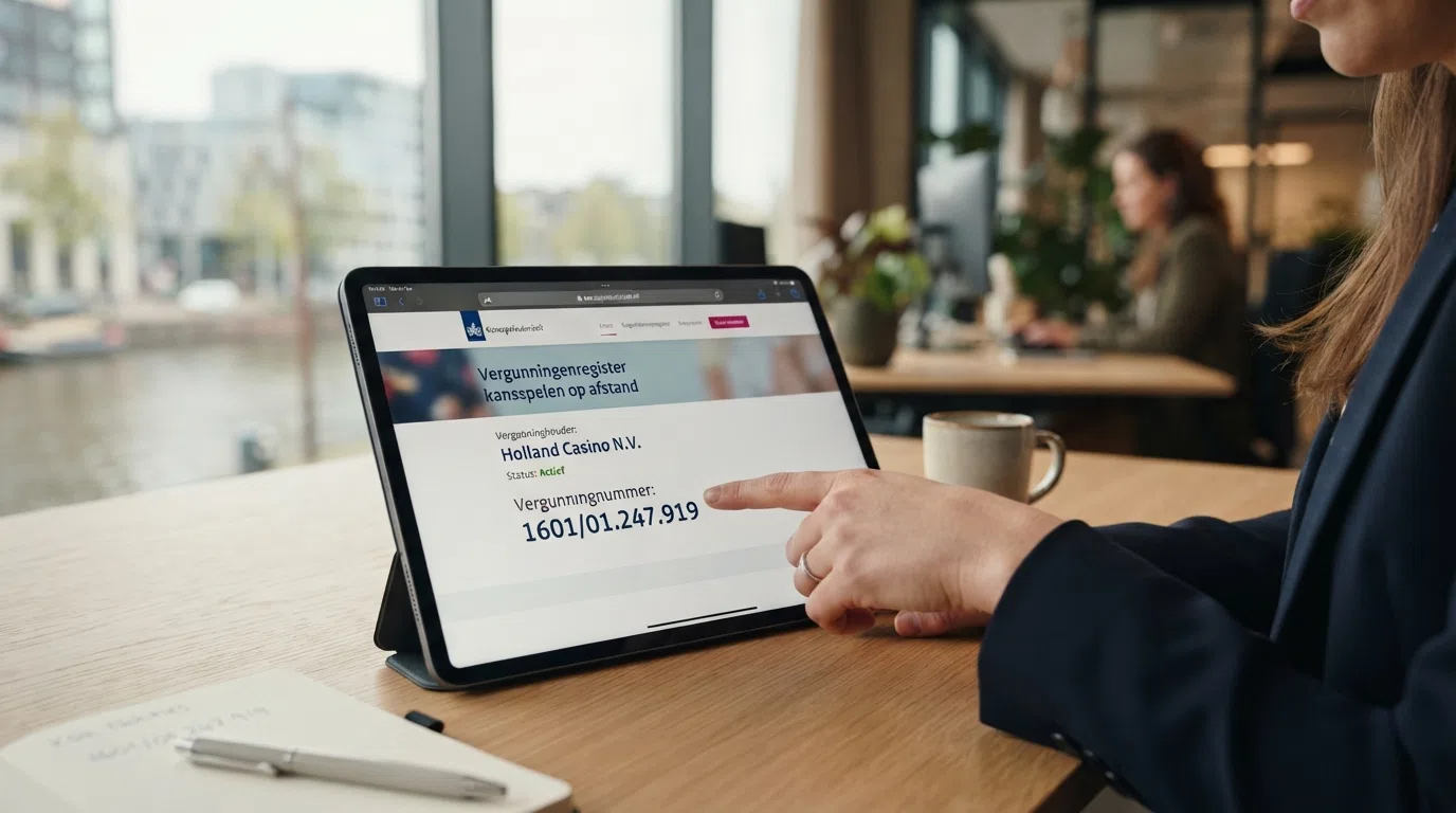 Het keurmerk van de Kansspelautoriteit op een online casino website, met het vergunningnummer duidelijk leesbaar.