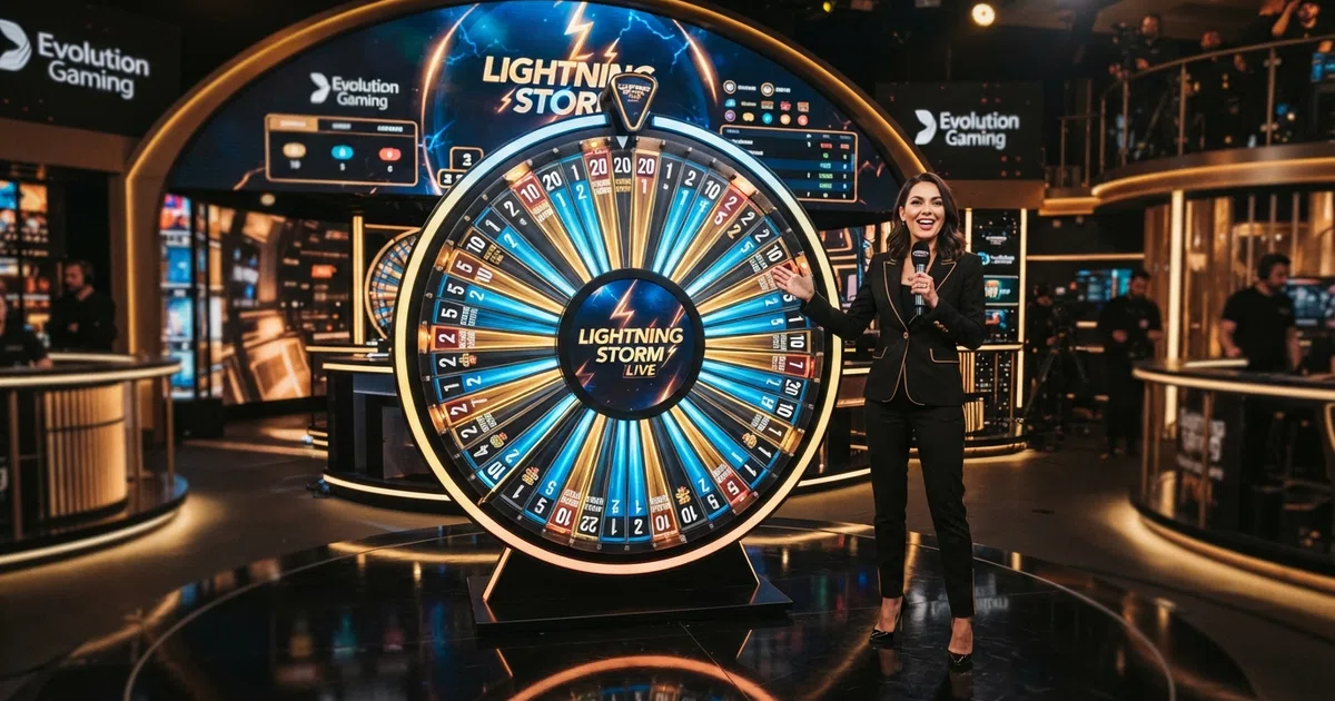 De live studio van Evolution Gaming met het Lightning Storm DigiWheel en een presentator tijdens een spelronde