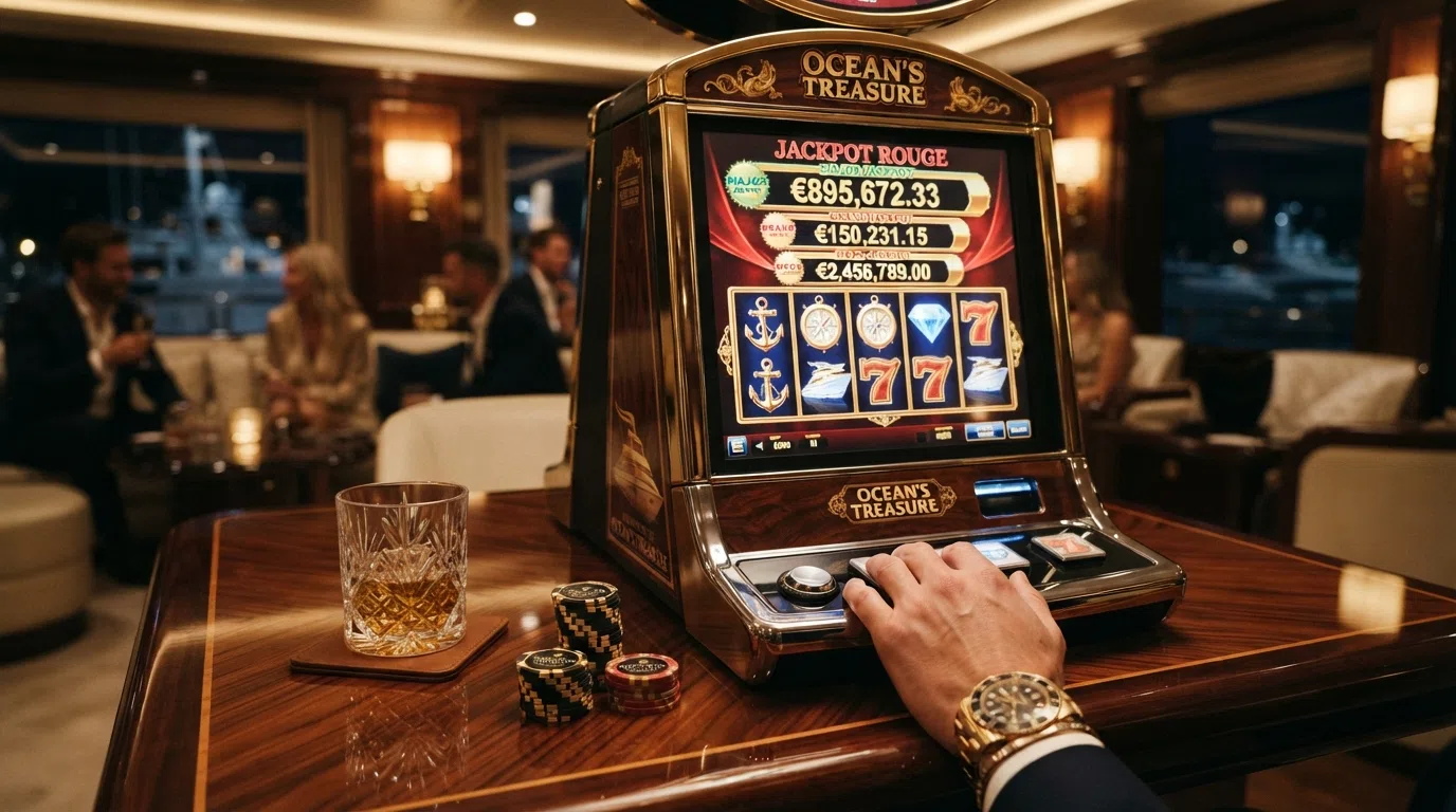 Het luxe jacht-thema van Mega Fortune met de drie progressieve jackpot-tellers bovenaan het scherm