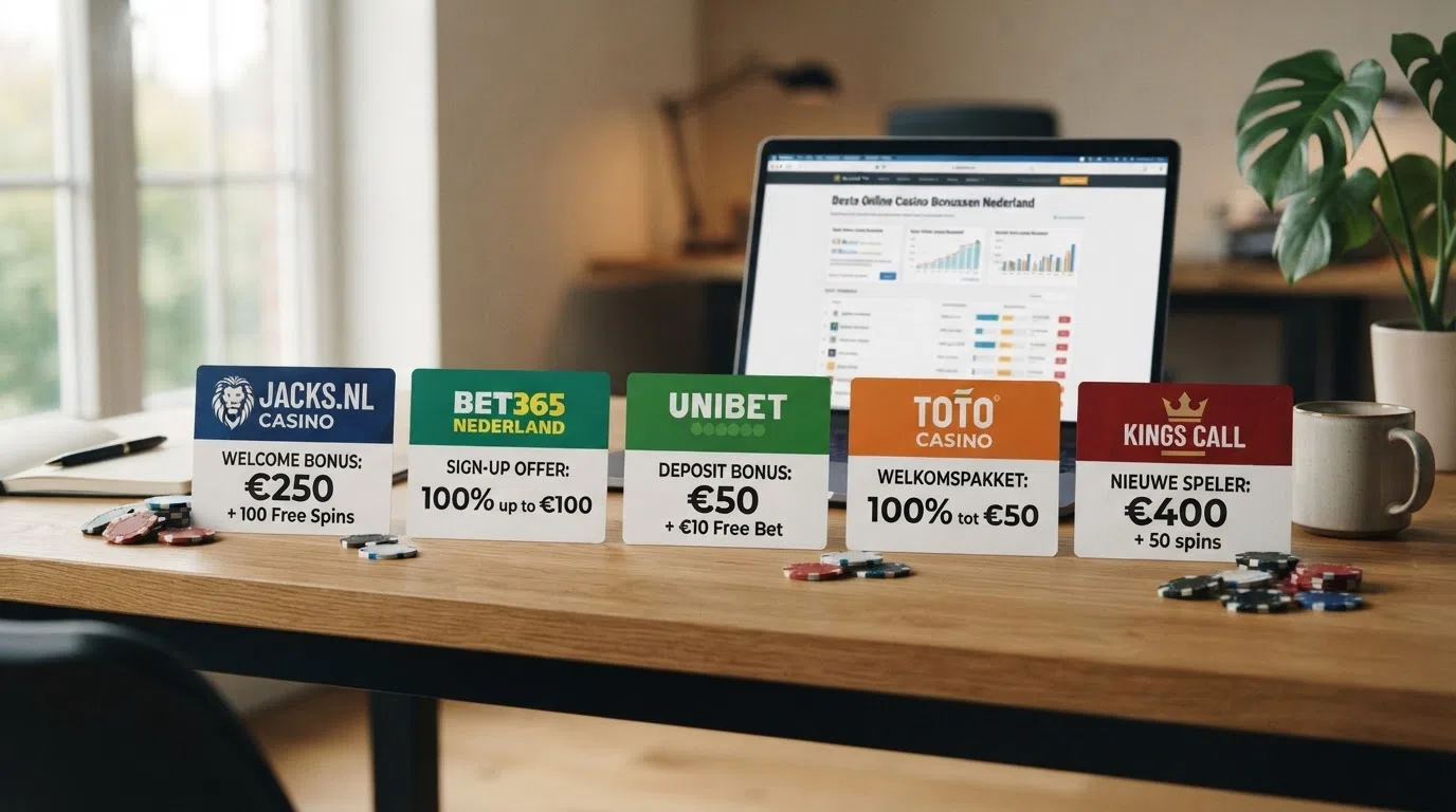 Een rij Nederlandse casino-logo's met daaronder de bonusbedragen in euro's — van €10 no-deposit tot €250 stortingsmatch