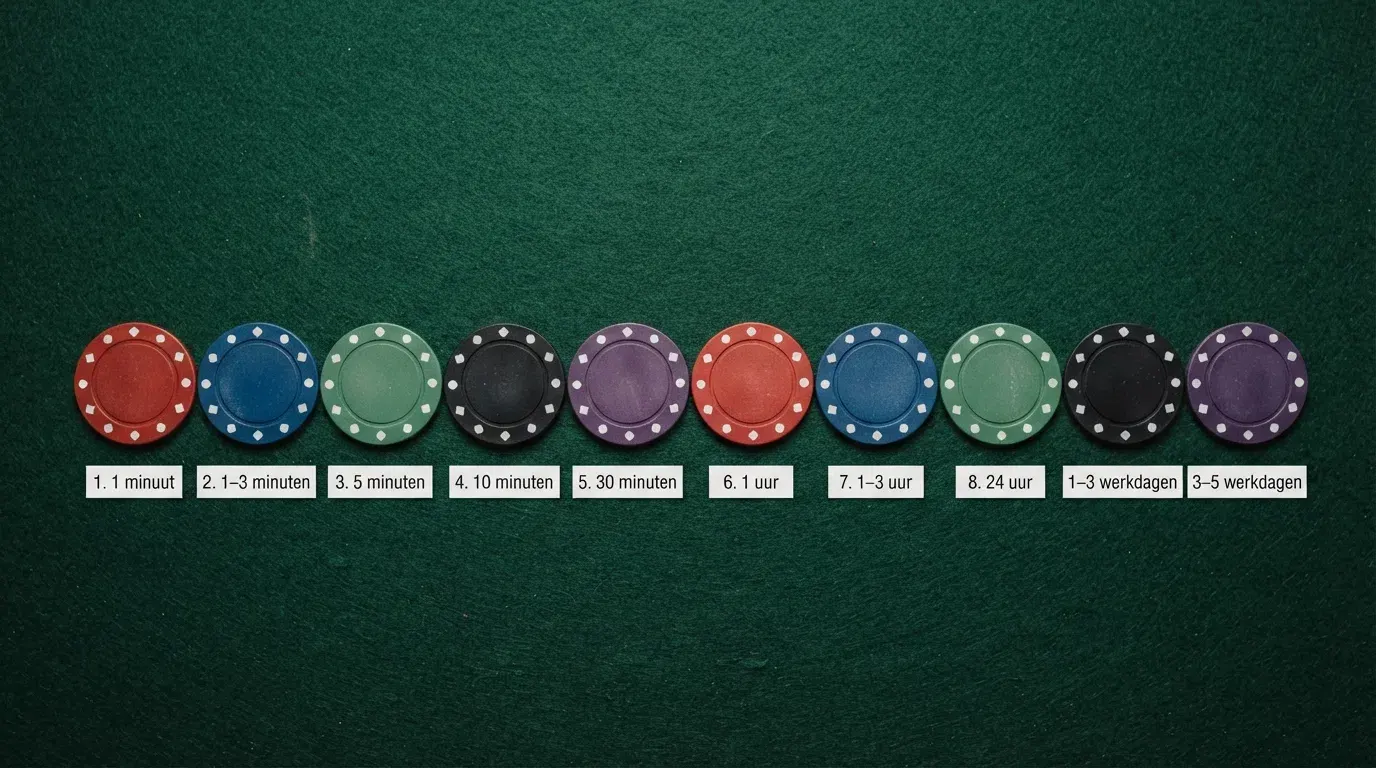 Tien casino-logo's op een rij, onder elk logo een uitbetalingstijd van 1 minuut tot 3 werkdagen, de snelste drie gemarkeerd