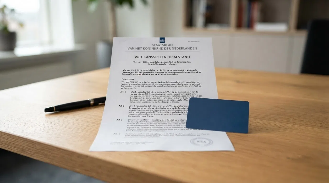 Het logo van de Kansspelautoriteit naast een document met de titel Wet kansspelen op afstand op een bureau