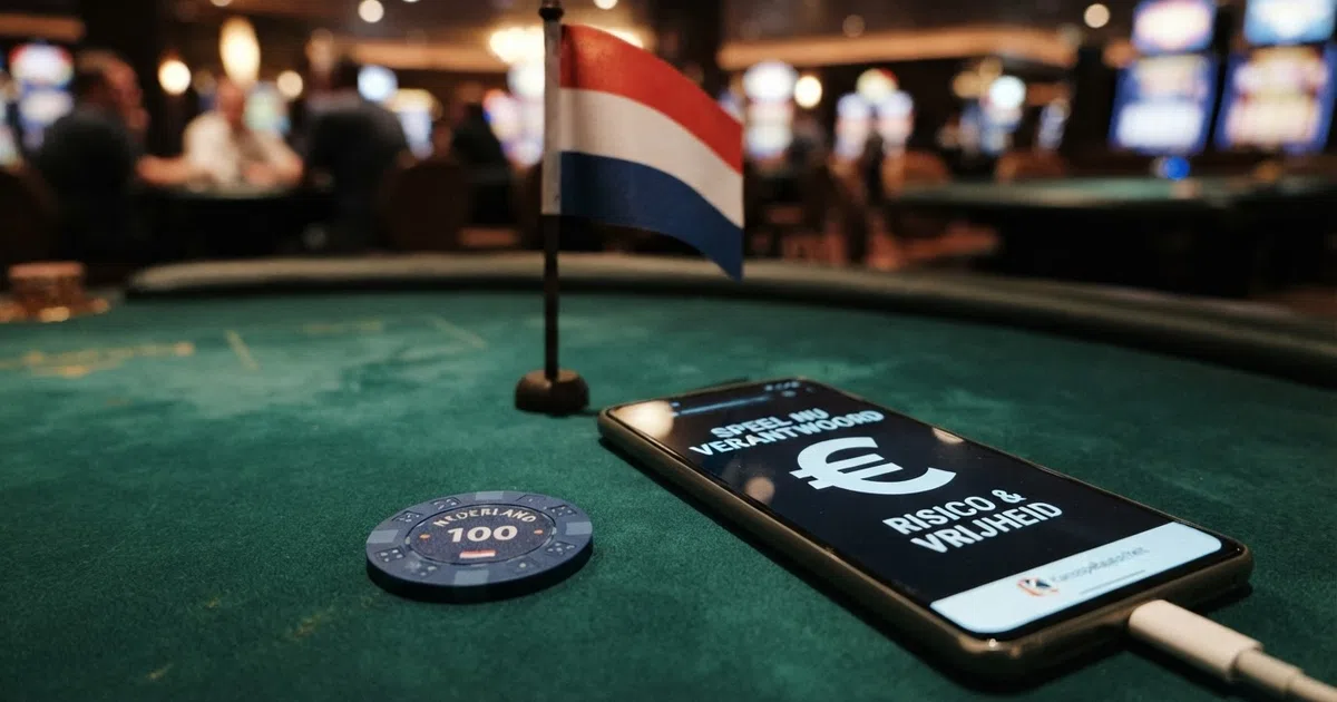 Een verzameling casino-chips, een smartphone met een casino-app en een Nederlands vlaggetje op een speeltafel