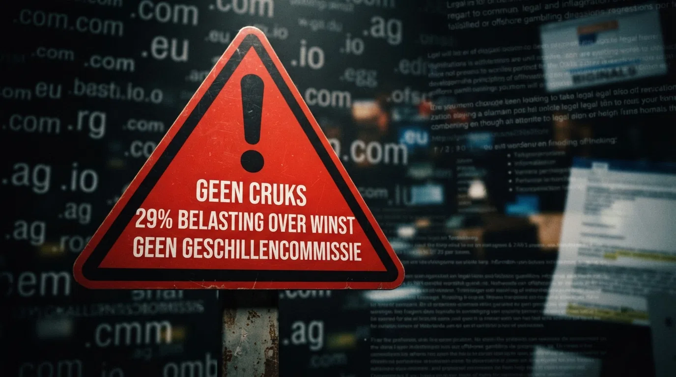Een rood waarschuwingsdriehoek met daarin drie regels: 'Geen Cruks', '29% belasting over winst', 'Geen geschillencommissie' — met op de achtergrond vage domeinnamen