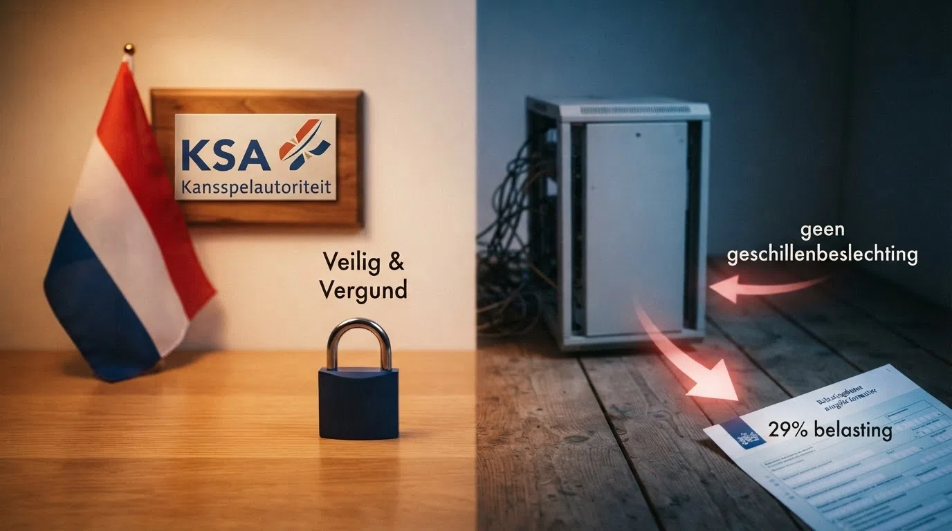 Een splitscreen: links de Nederlandse vlag met het KSA-logo en een slotje, rechts een anoniem serverblok zonder licentie, met pijlen die tax (29%) en 'geen geschillenbeslechting' aangeven