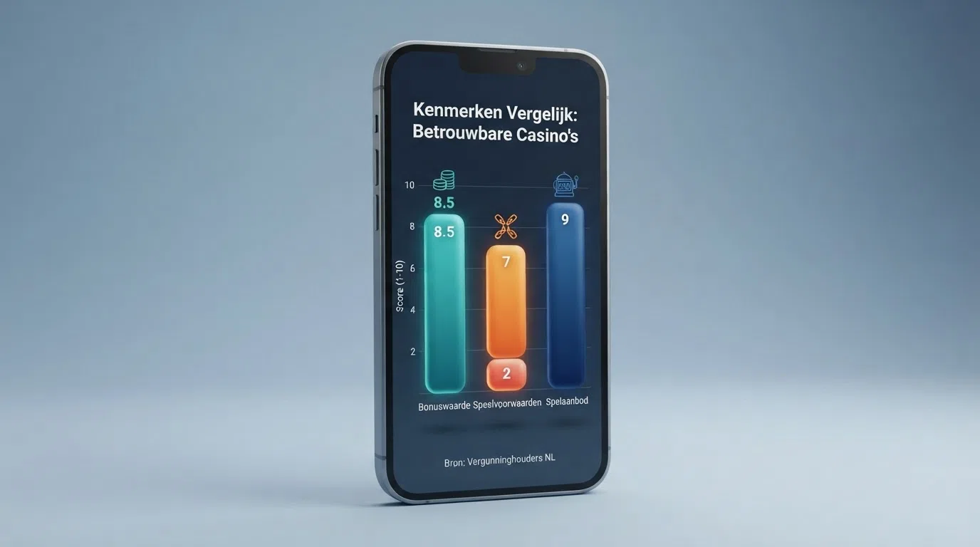Een overzichtelijke vergelijkingstabel met kolommen voor bonus, inzetvereiste en KSA-vergunning naast een smartphone met een casino-app