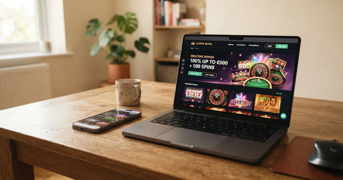 Een smartphone en een laptop tonen de startpagina van een online casino