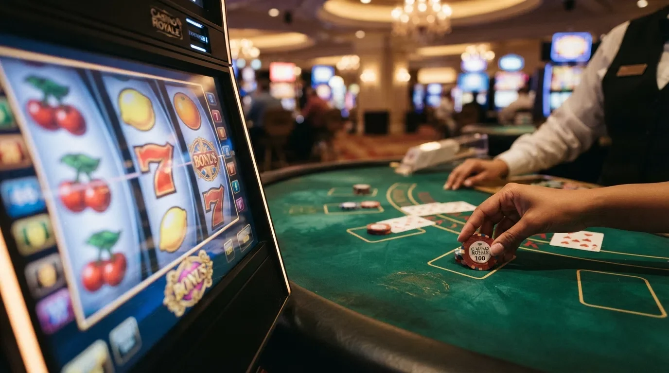 Een rijtje slot-iconen naast een live-dealertafel met een Evolution-logo in beeld