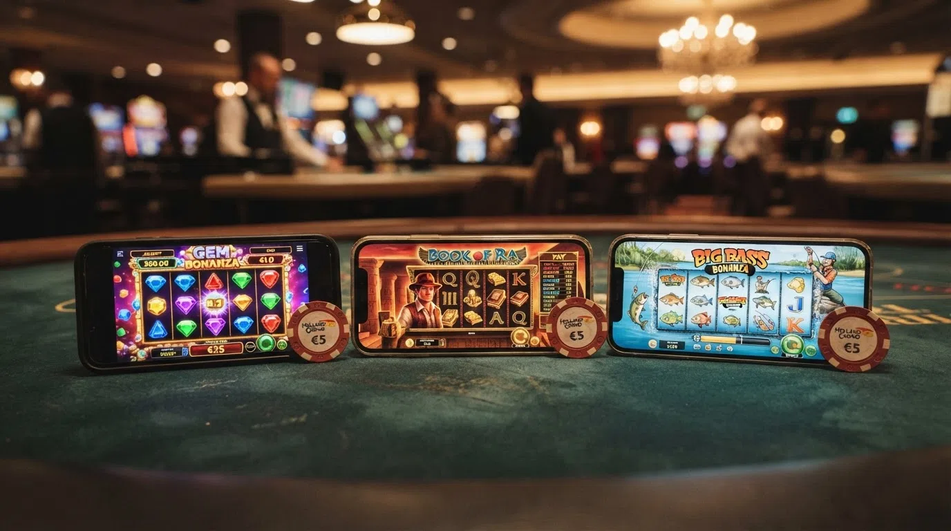 De gokkasten Starburst, Book of Dead en Big Bass Bonanza getoond op een smartphone en laptop