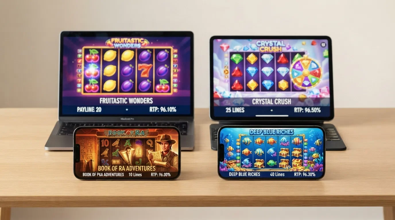 Vier bekende slots in een raster: Starburst, Book of Dead, Gates of Olympus en Big Bass Splash met hun RTP-percentages onder elke titel