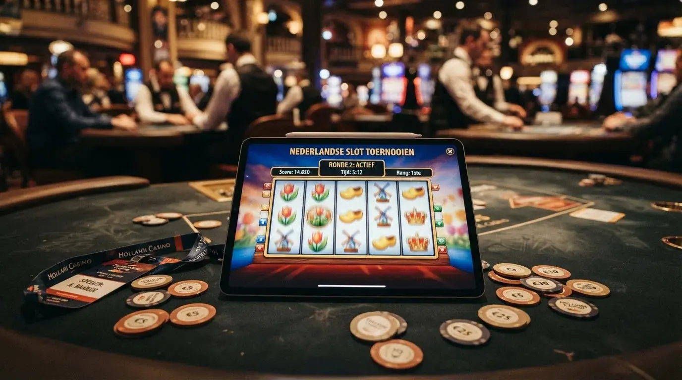Een collage van slot screens, een gokkast en een live casino tafel met een toernooi-leaderboard overlay