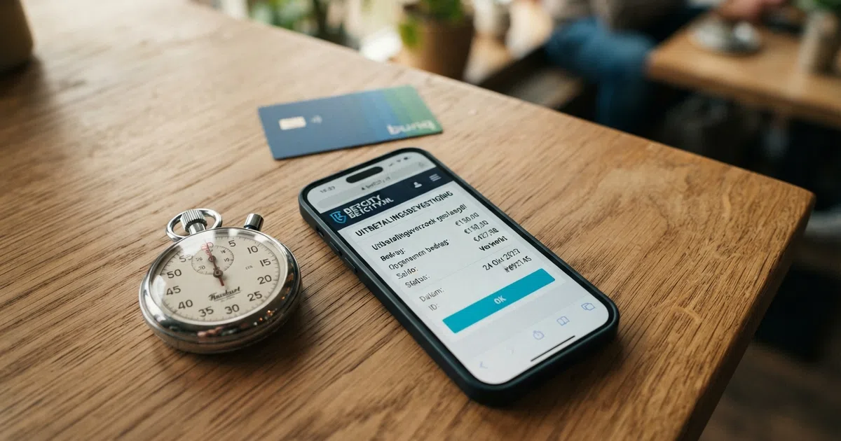 Een smartphone met een open casino-app die een uitbetalingsbevestiging toont, een stopwatch naast het scherm telt seconden af, op de achtergrond een Nederlands bankpasje