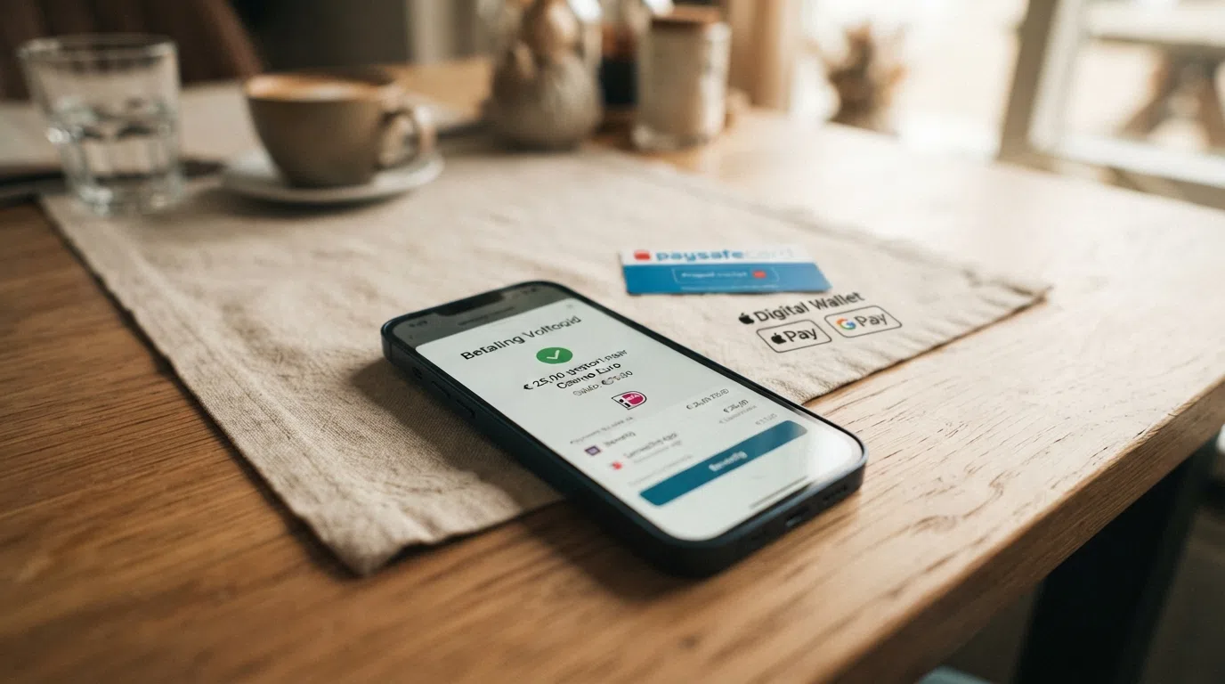 De logo's van iDEAL, Paysafecard en crypto-betalingen op een casino-kassapagina