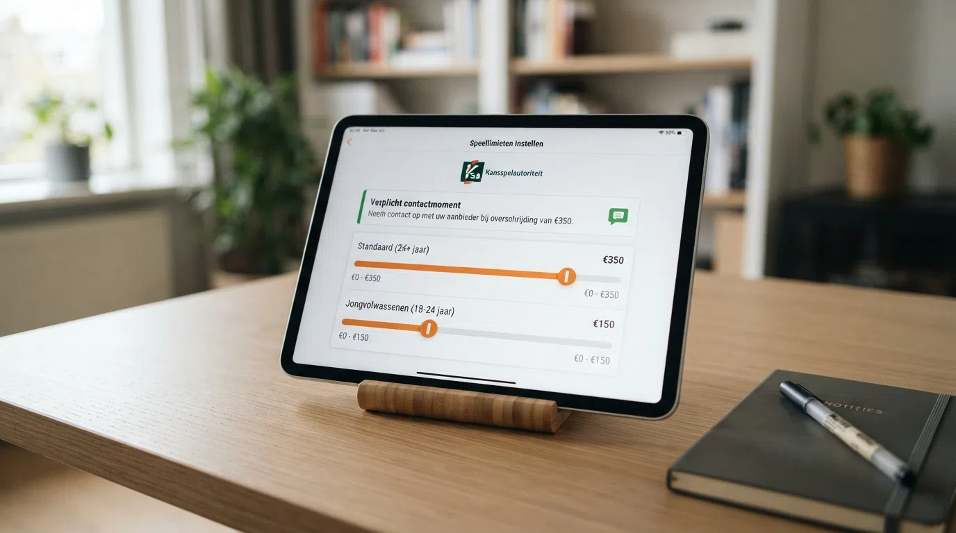 Een grafische weergave van twee schuifbalken: één op €350 met label 'Standaard' en één op €150 met label '18-24 jaar', met daarboven de tekst 'Verplicht contactmoment' en een chat-icoon