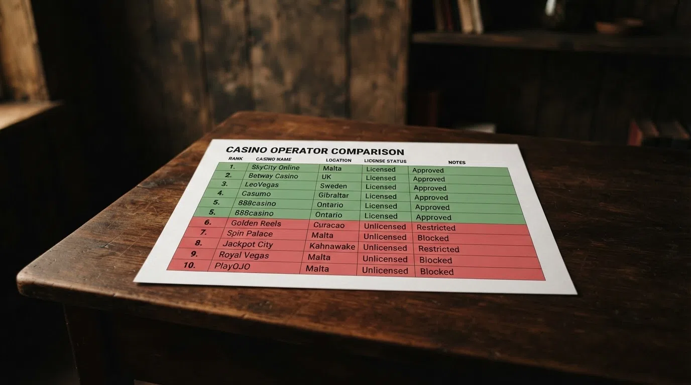 Een vergelijkingstabel met tien casinonamen, deels rood en deels groen gemarkeerd