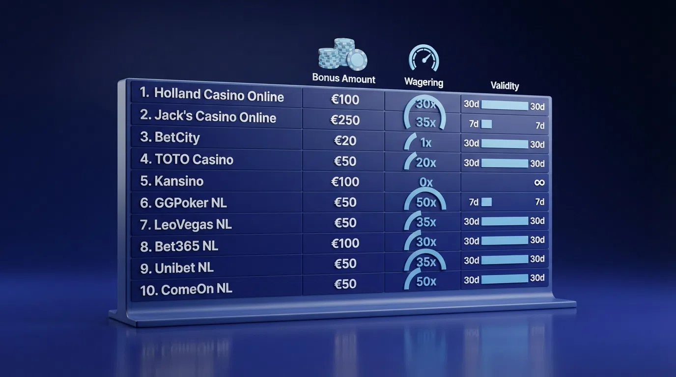 Vergelijkingstabel met tien casino's en kolommen voor bonus en rondspeeleis