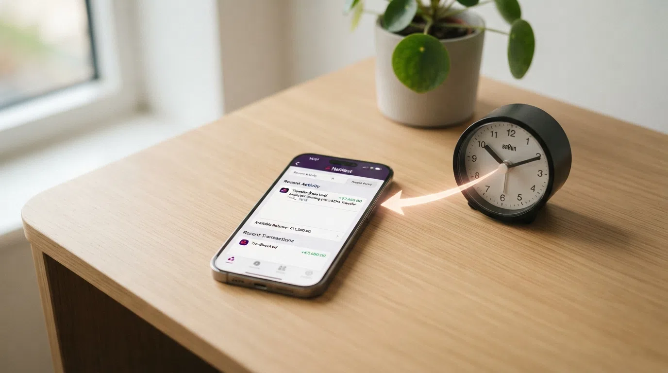 Een klok naast een banksaldo op een telefoonscherm, met een pijl die een SEPA-overboeking symboliseert van casino naar bankrekening
