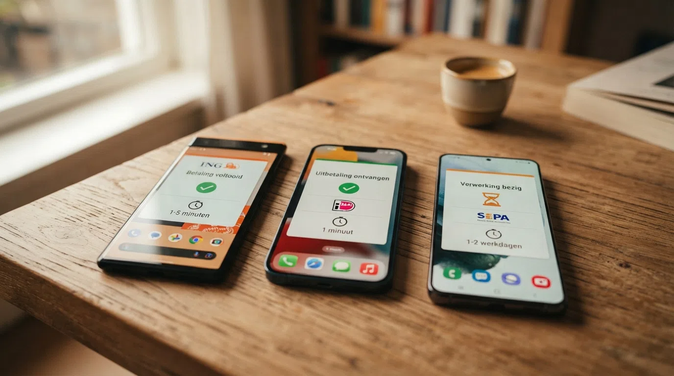 Drie betaalmethode-iconen — iDEAL, Trustly en SEPA — naast elkaar met een klokje dat de verwerkingstijd per methode aangeeft