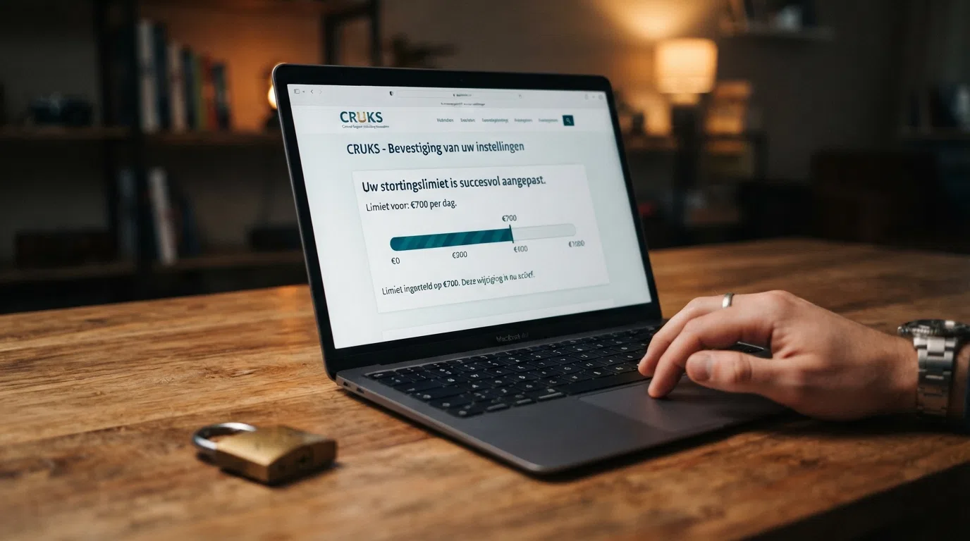 Een CRUKS-bevestigingsscherm op een laptop, ernaast een stortingslimietmeter die op €700 staat, met een slotje op de voorgrond