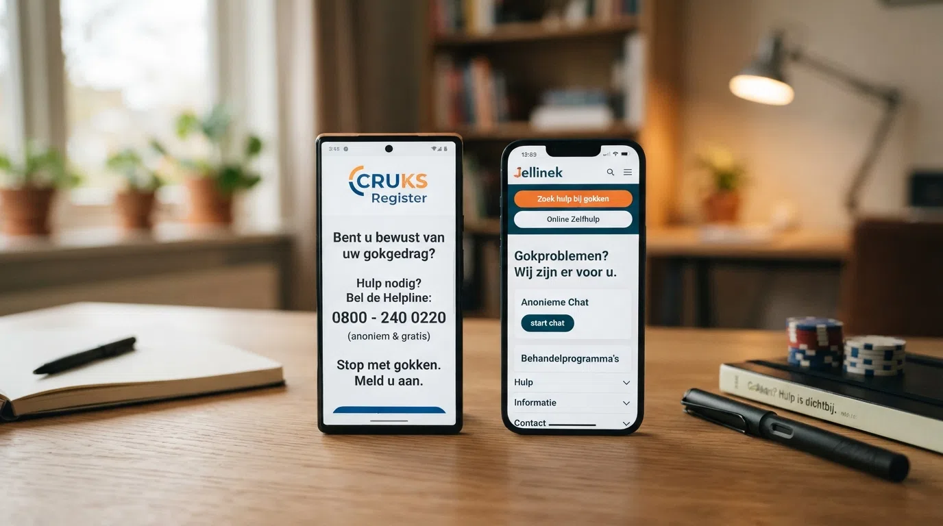 Een hand die een smartphone vasthoudt met het CRUKS-logo en een hulplijn-nummer op het scherm, een tweede telefoon toont de Jellinek-website