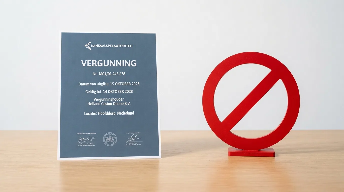 Een Nederlandse kansspelvergunning naast een rood waarschuwingssymbool