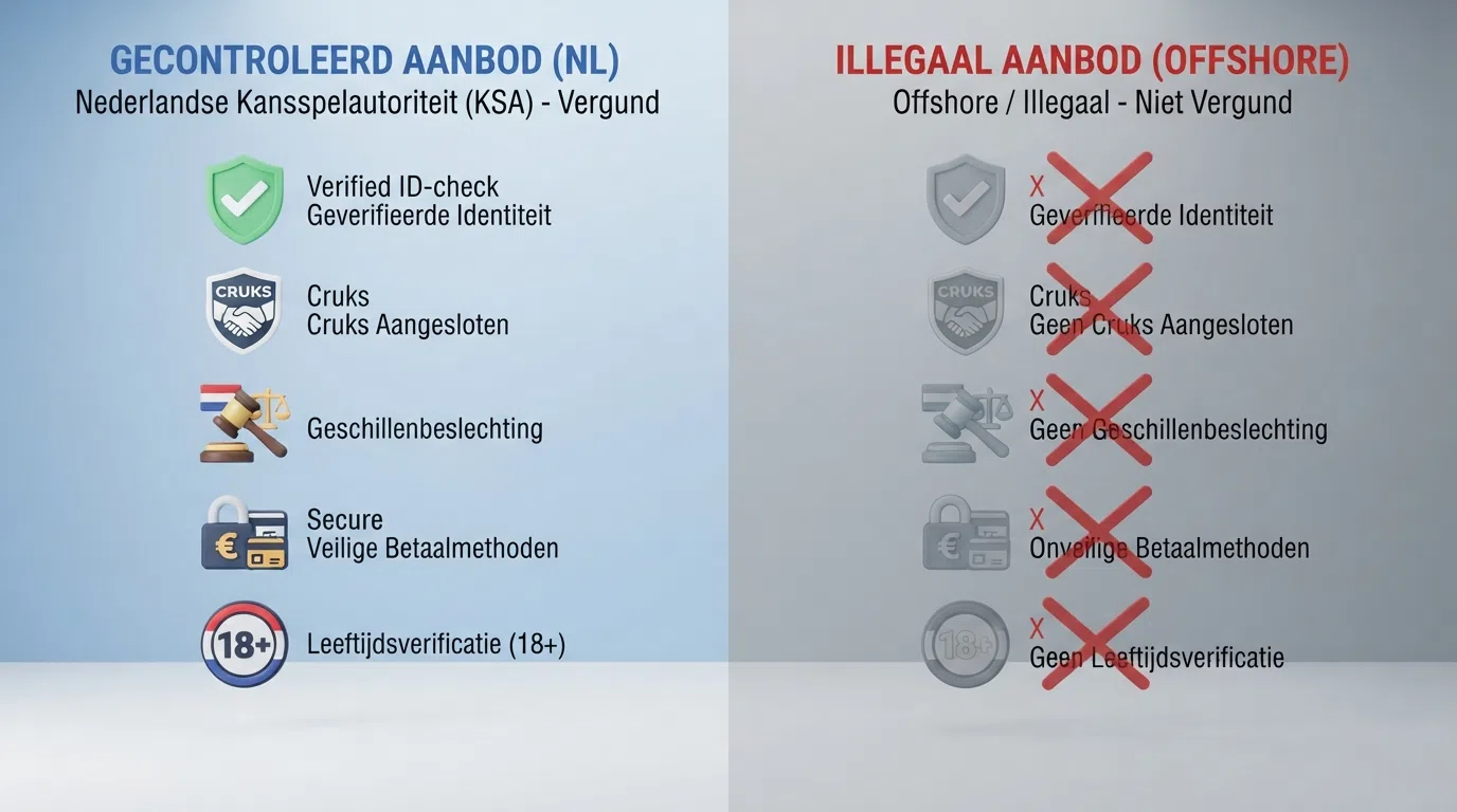 Twee kolommen met labels — links “KSA-vergund” met iconen voor ID-check, Cruks en geschillenregeling, rechts “Offshore” met doorgestreepte of ontbrekende iconen voor dezelfde drie beschermingslagen